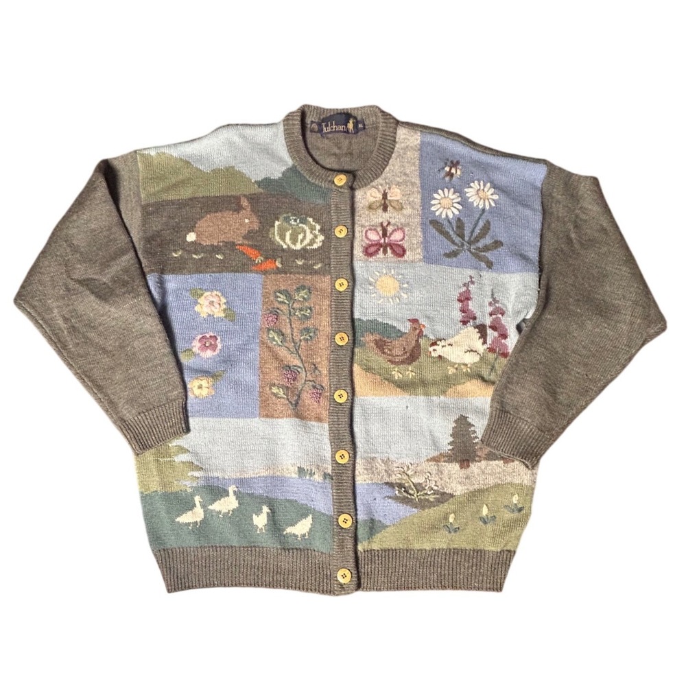 Vintage Tulchan Cardigan Sweater XL Wool Farmhouse Embroidered Chicken Flowers